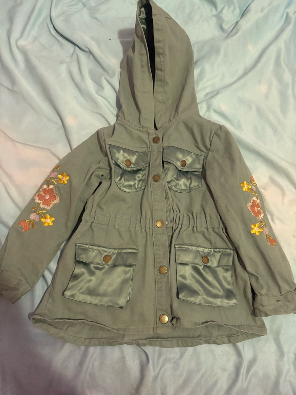 Little Lass Olive Hooded Jacket with Floral Sleeve Embroidery